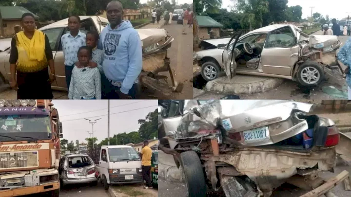 "What God cannot do does not exist" - Reactions as family of 5 walks away uninjured after a trailer crushed their car in Jos (Photos)
