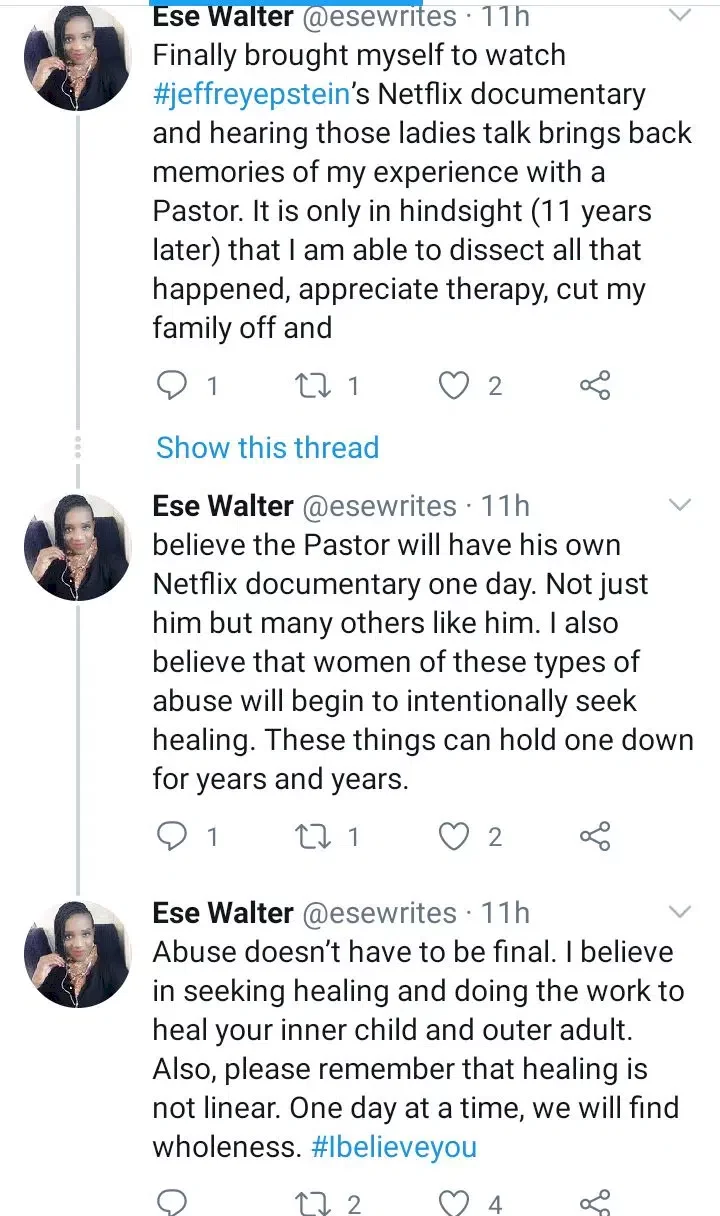 'I believe the Pastor, my abus*r will have his own documentary one day' - Media personality, Ese Walter writes after watching Jeffery Epsteins' Netflix documentary
