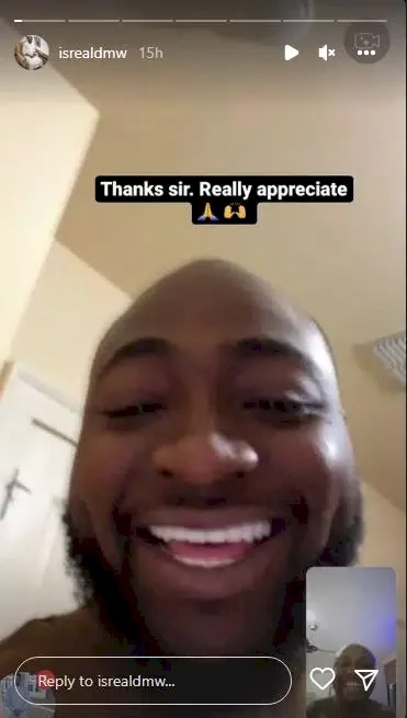 Excited Isreal DMW expresses gratitude to Davido after receiving diamond pendant
