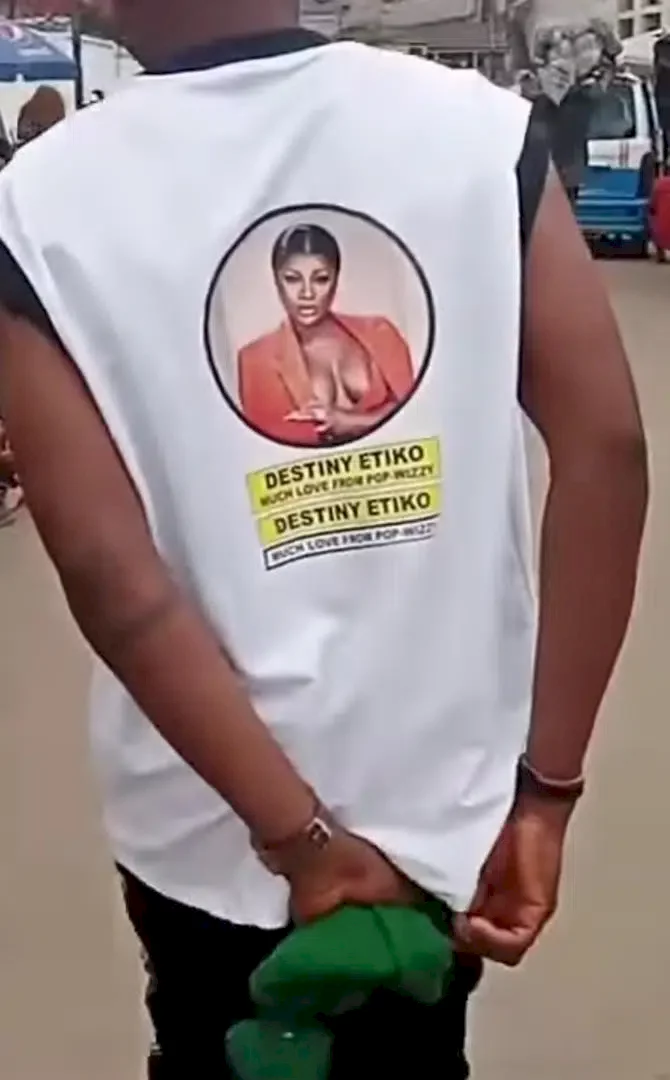 'Marry him, it is worth it' - Speculations as fan inks tattoo of Destiny Etiko's name, wears outfit with her face on it (Video)