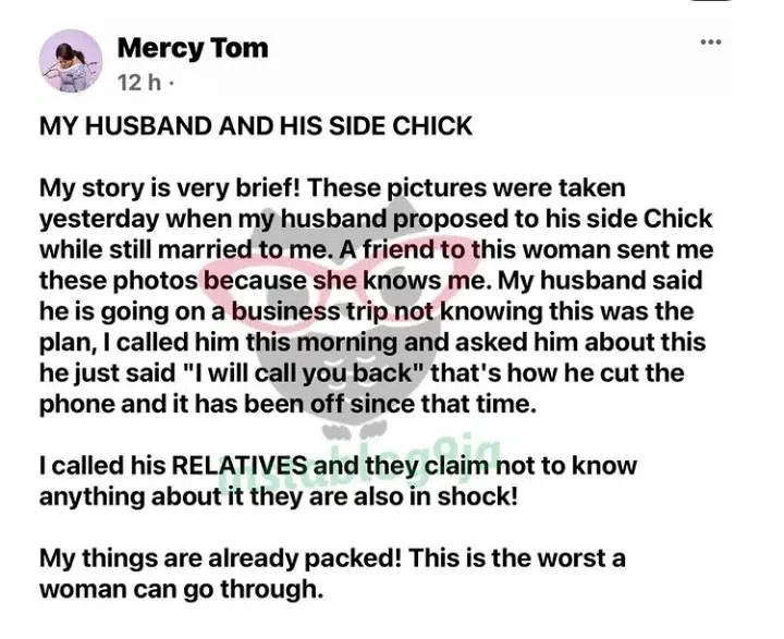 Moments after posting 'every man is a husband material', lady calls out her husband for proposing to side chick