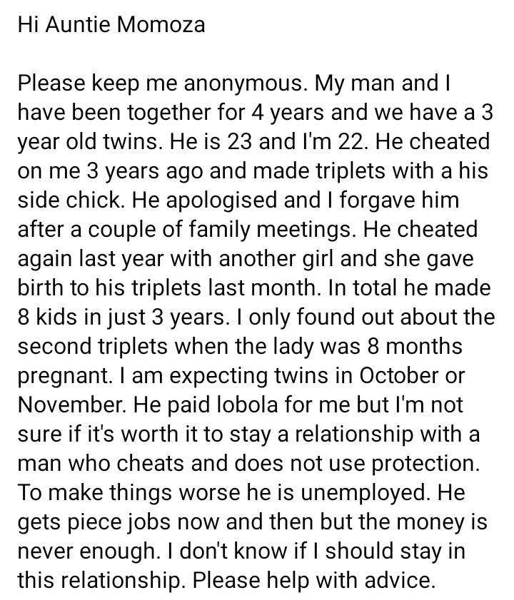 Pregnant lady in distress seeks advice over fiancé who welcomed triplets with two women