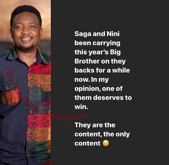BBNaija: 'Saga and Nini deserves to win for being the content of the show' - Writer, Abiola