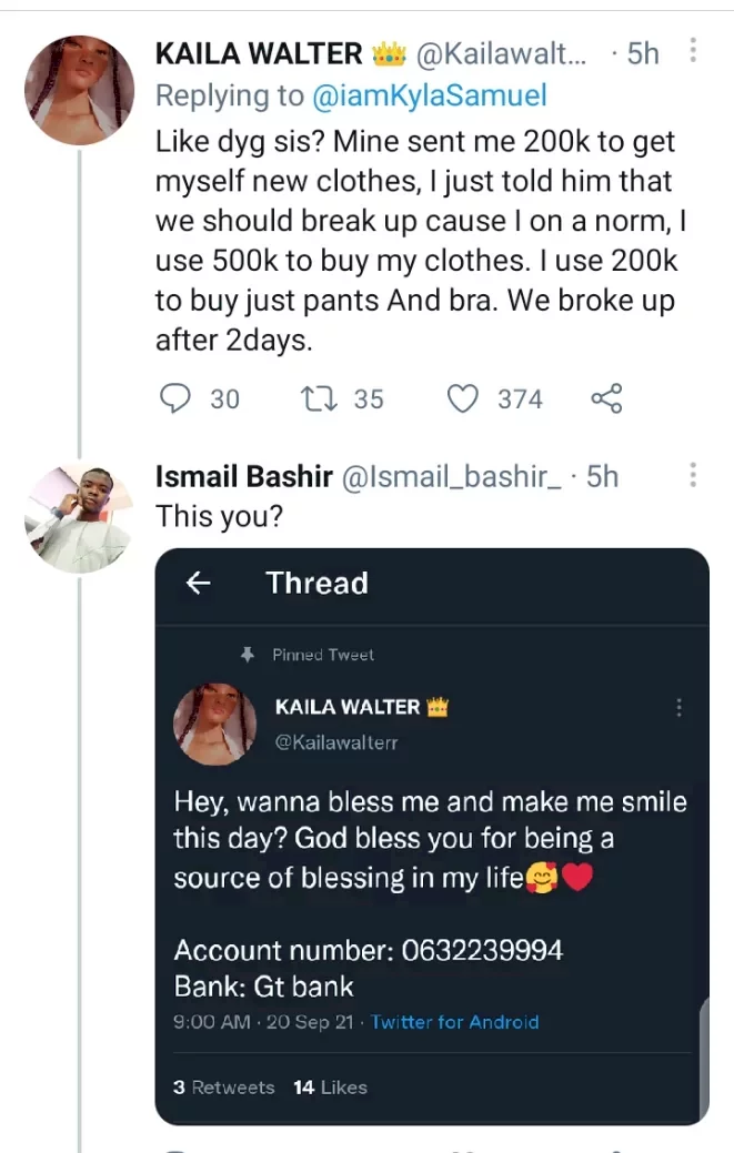 Man digs out tweet of lady begging for money on Twitter, after she bragged that she uses N500k to buy clothes