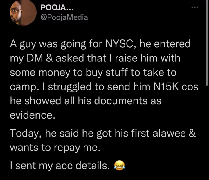 Man shares experience with corps member who asked him for N15k