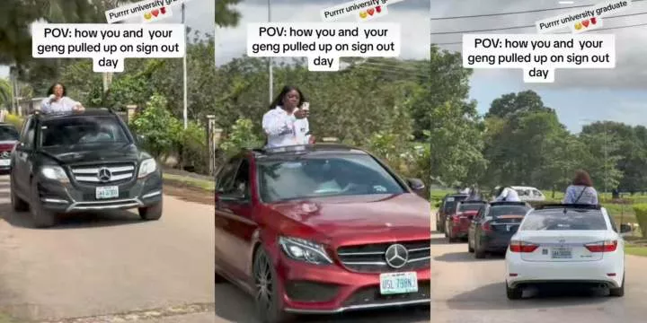 Slay queens pull up in convoy of flashy cars for sign out, video trends