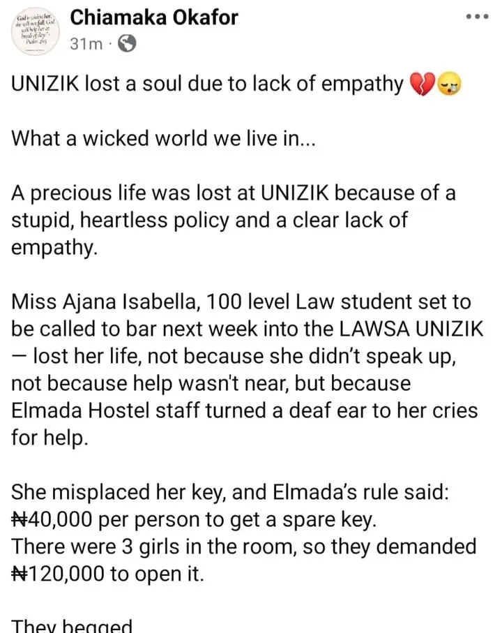 UNIZIK law student reportedly passes away after struggling to access medication
