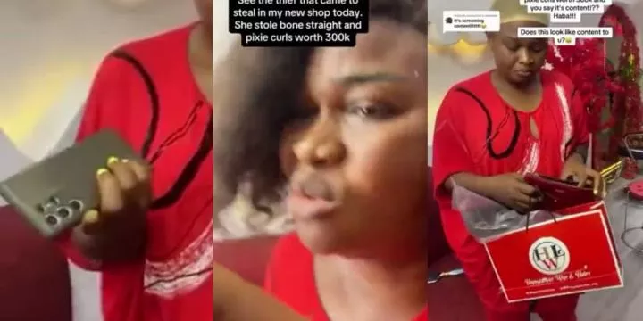 Woman caught on CCTV stealing ₦300k wigs drops phone as guarantee for payment Woman caught on CCTV stealing ₦300k wigs drops phone as guarantee for payment
