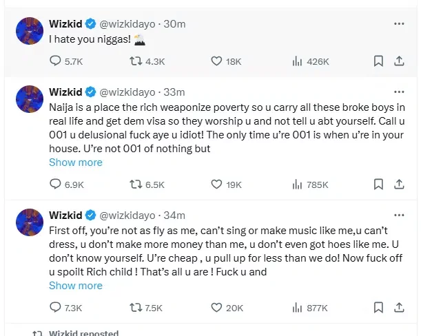 Wizkid continues to roast Davido, calls him cheap and other unprintable names