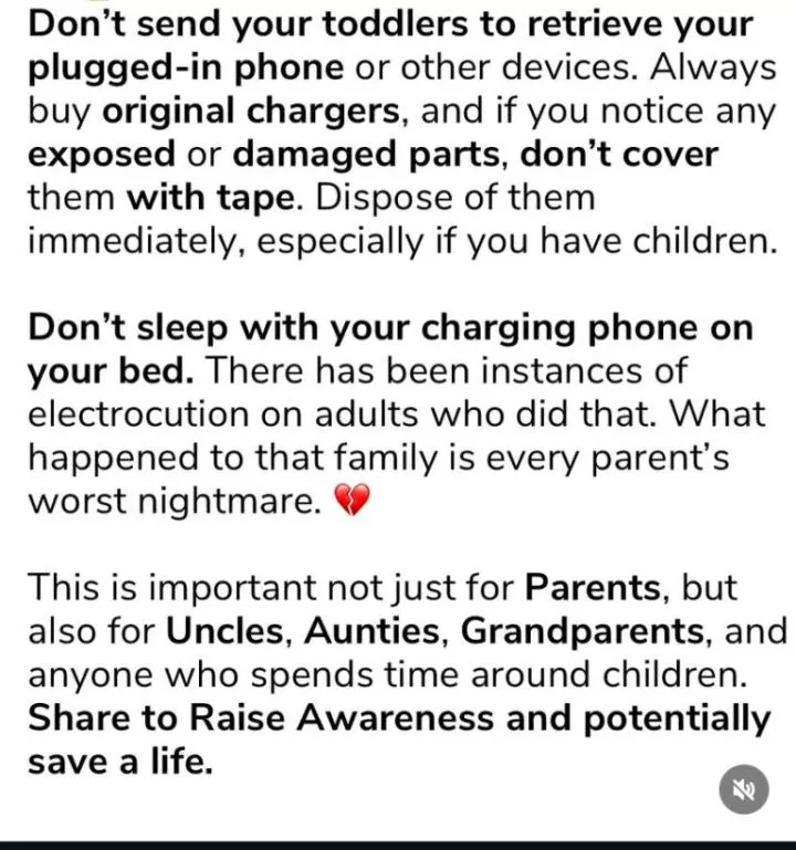 Nigerian doctor shares how a toddler passed away after putting a plugged charger in her mouth‬