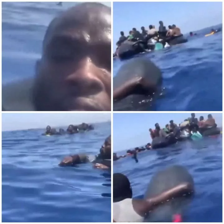 Nigerian man travelling to Europe through the Mediterranean Sea cries out for help after the boat conveying him and other men capsizes (video)