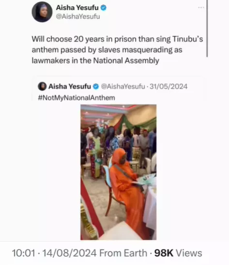 ''I will choose 20 years in prison than sing Tinubu's anthem passed by slaves masquerading as lawmakers in the National Assembly'' - Activist Aisha Yesufu