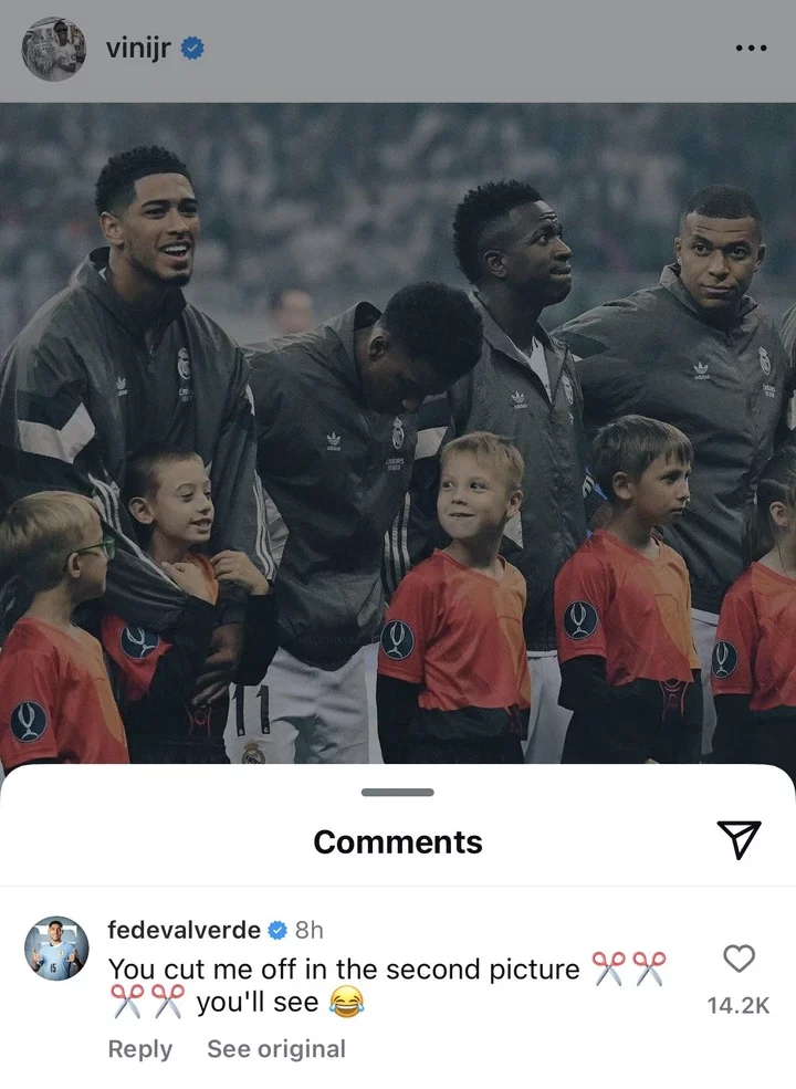 Federico Valverde reacts after Vinicius Junior cut him off from a group photo with his teammate.