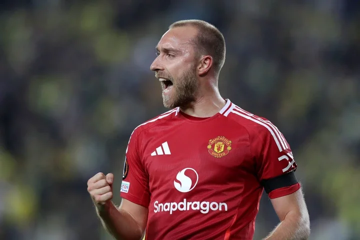 Christian Eriksen of Manchester United celebrates scoring his team's first goal during the UEFA Europa League 2024/25 League Phase MD3 match betwee...