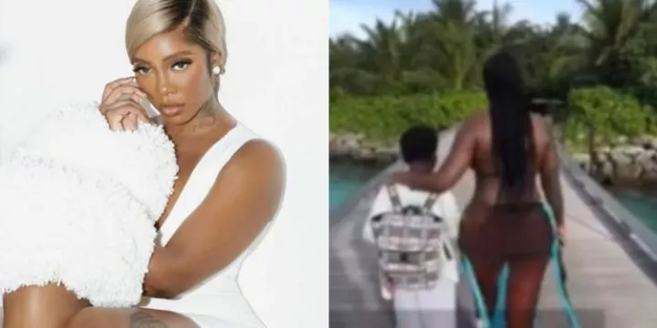 Tiwa Savage under fire over bikini outfit during vacation with son (Video)