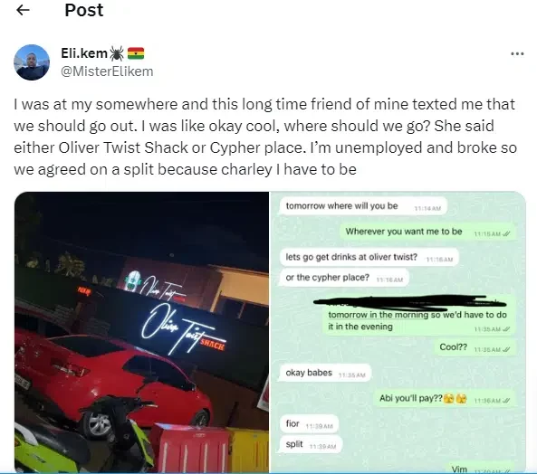 Man calls out lady who expected him to settle bill despite inviting him out, leaks their chat