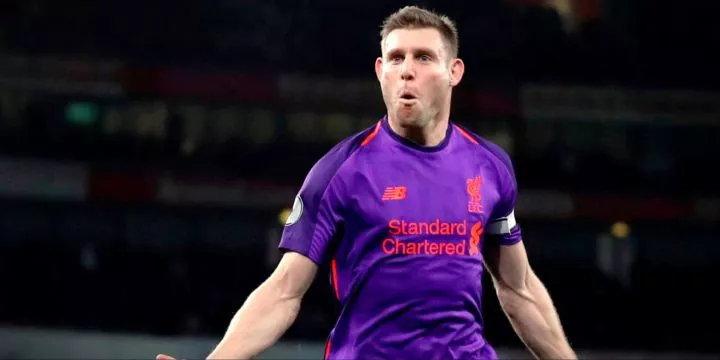 James Milner celebrates scoring for Liverpool. 