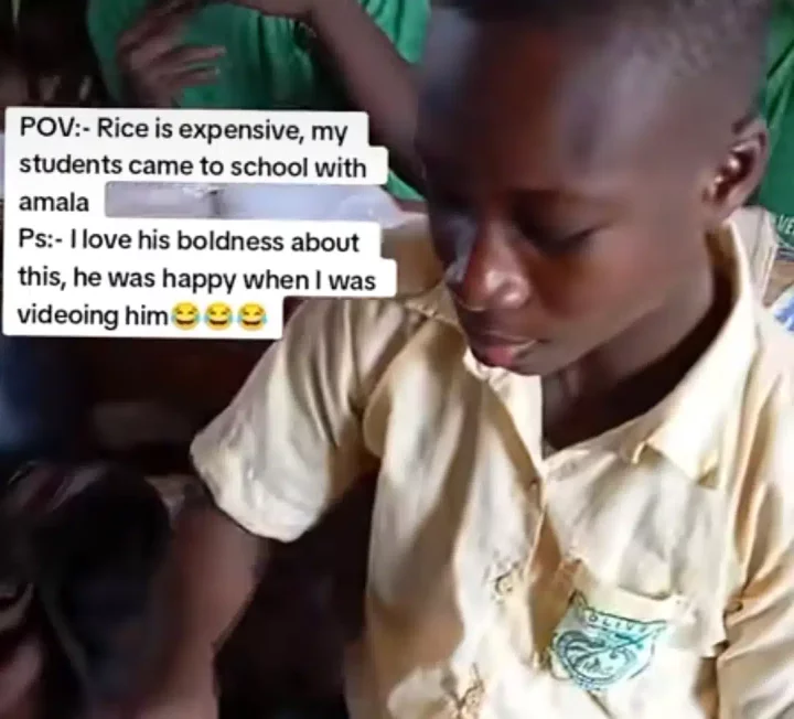 'Rice is expensive' - Nigerian student grabs attention as he takes Amala, soup to school over inability to afford rice