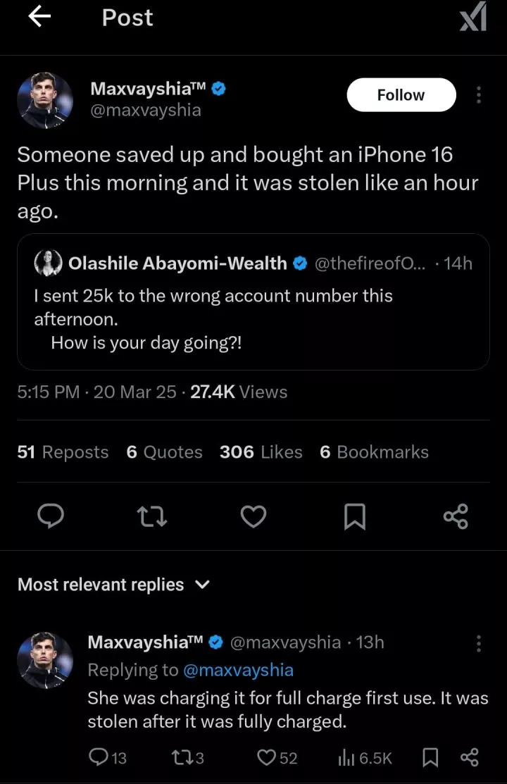 Lady buys iPhone 16 Plus with savings, loses it an hour later