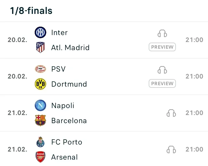 Champions League Tuesday And Wednesday Round Of 16 Fixtures