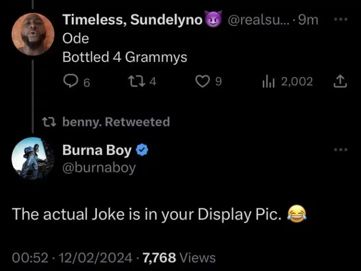 'This one go pain OBO' - Burna Boy throws massive shade at Davido after a 30BG fan criticized him