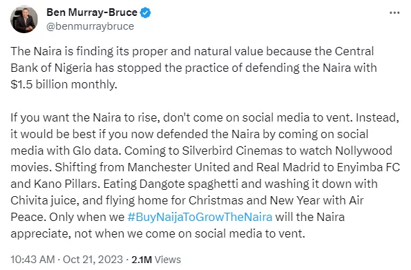 Senator Ben Murray Bruce responds after he was criticised for asking Nigerians to patronise Nigerian brands to grow the Naira