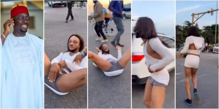 Obi Cubana, others, react as Charles Okocha rocks skimpy feminine dress, causes traffic on busy road (Video)
