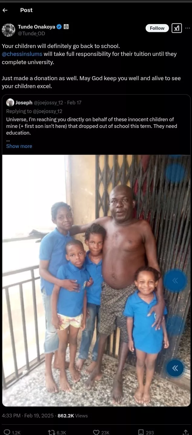 Father pleads for help as 5 kids drop out of school due to finances, Tunde Onakoya responds