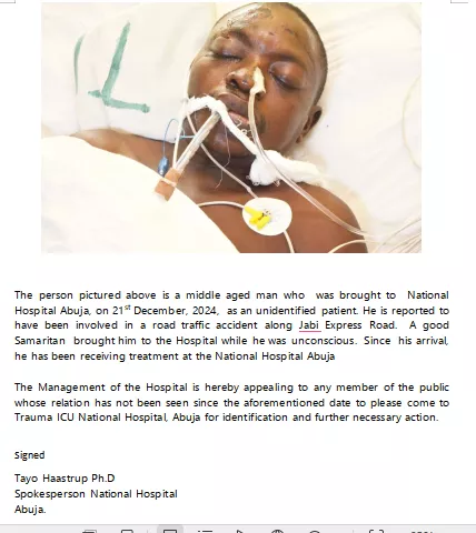 Abuja hospital pleads for help to identify unconscious accident victim