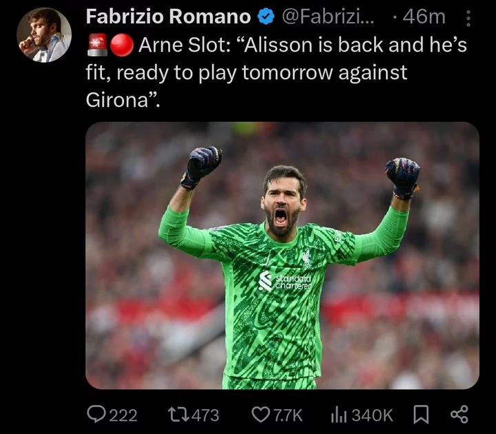 Alisson Fit and Ready to Return Against Girona, Confirms Arne Slot.