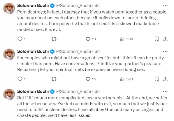 A christian couple shouldn?t be watching porn to learn sex, that?s infidelity - Solomon Buchi