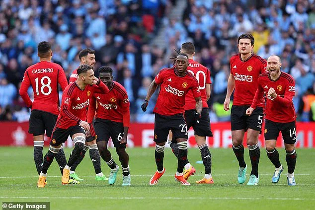 Rasmus Hojlund celebrates his winning penalty virtually alone as several Man United stars are unmoved having thrown away 3-0 lead against Coventry with Roy Keane saying they were 'embarrassed'