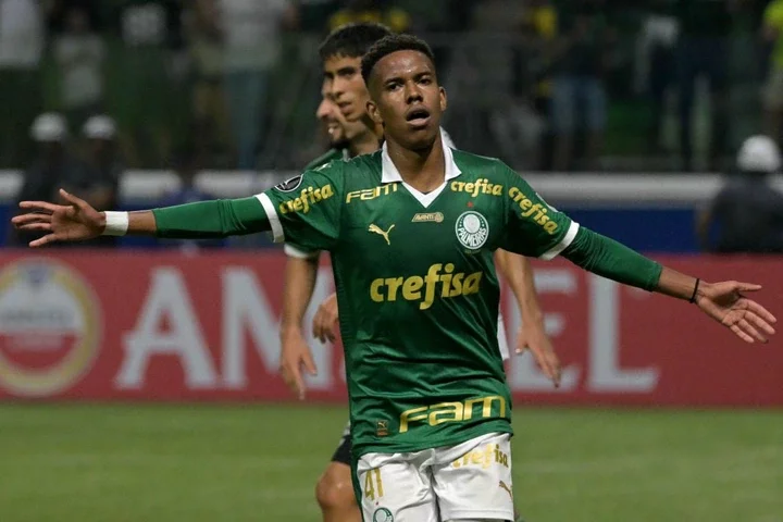 Palmeiras' forward Estevao Willian celebrates after scoring a goal during the Copa Libertadores group stage first leg football match between Brazil...