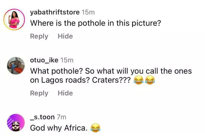 Nigerian potholes feeling jealous - Social media users react to trending photo of UK Prime Minister and his cabinet members posing in front of a pothole troubling their country