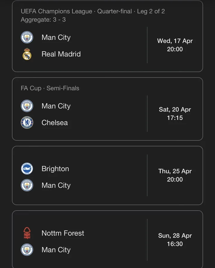 Man City's Next Four Matches Including Tough Games Against Real Madrid And Chelsea.