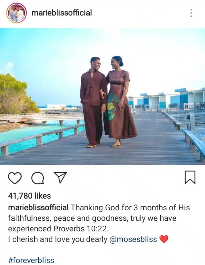 Moses Bliss marks 3 months of marital bliss with wife, Marie Wiseborn