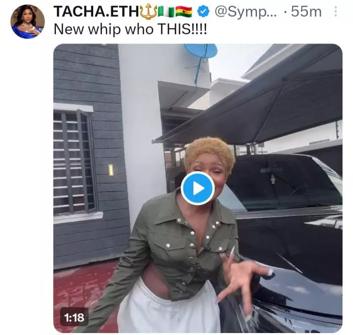 'It's sugar daddy,' Tacha jokes as she buys new Range Rover weeks after keke driver bashed her Benz (video)