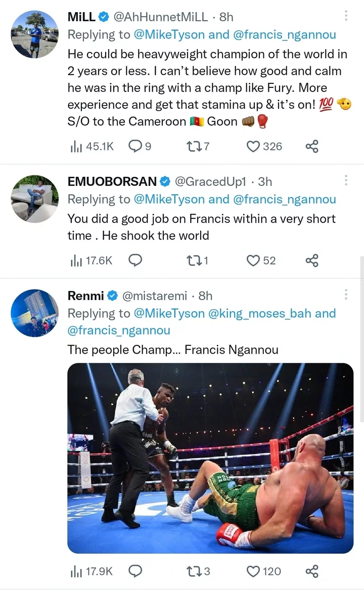 Reactions as Mike Tyson congratulates Francis Ngannou after training him before his fight again Tyson Fury