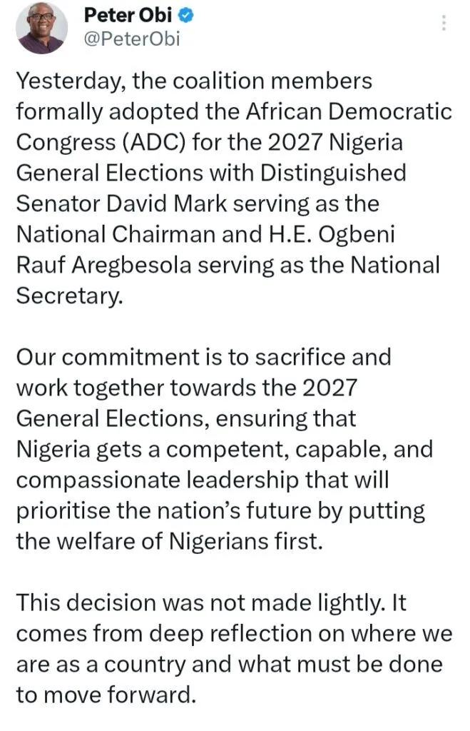 ADC coalition will put Nigerians first - Peter Obi