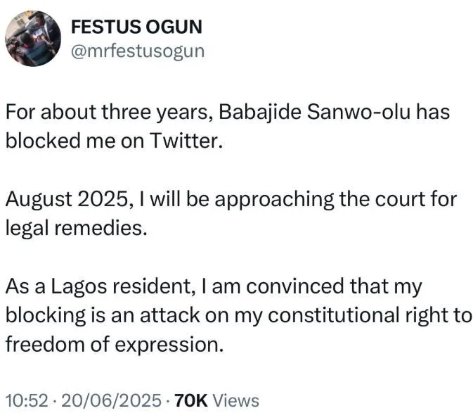 Human Rights Lawyer To File Lawsuit Against Governor Sanwo-Olu For Blocking Him On X For Three Years