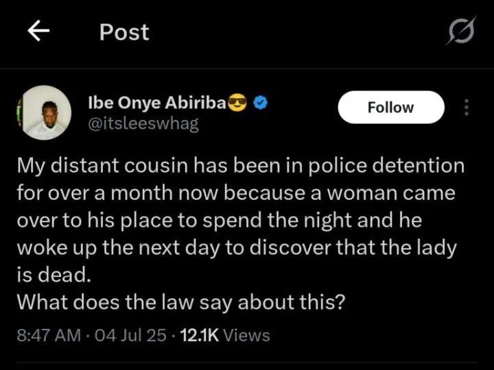 Lady passes away after spending night at man's house