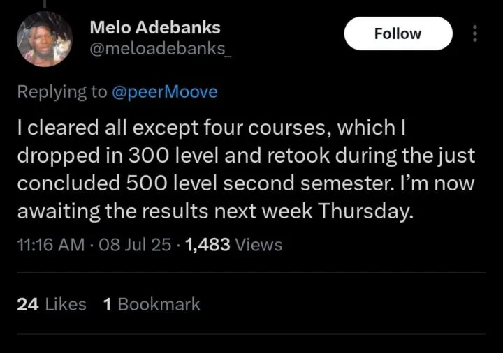 FUNAAB student shares 100-level result with 8 Fs