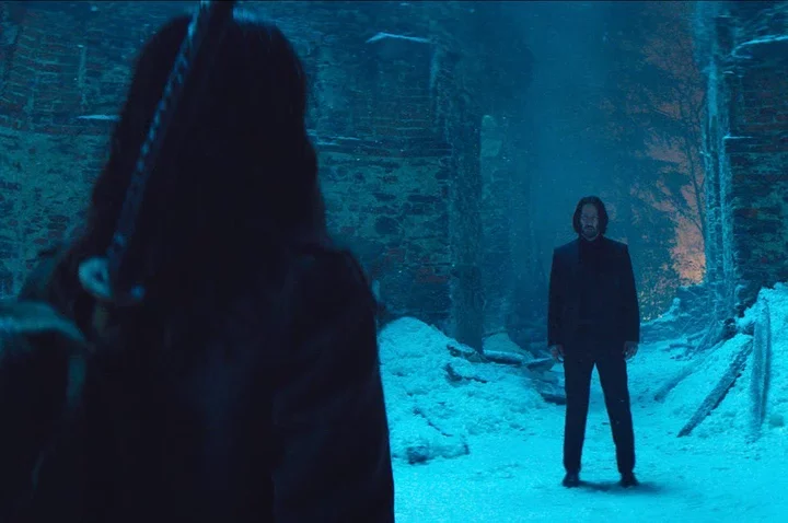 ana de armas as eve and keanu reeves as john wick in ballerina. photo credit: courtesy of lionsgate