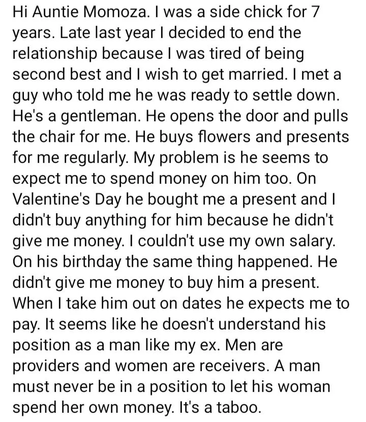 Lady who ended 7-year affair with married man laments new partner's expectation to share financial responsibilities