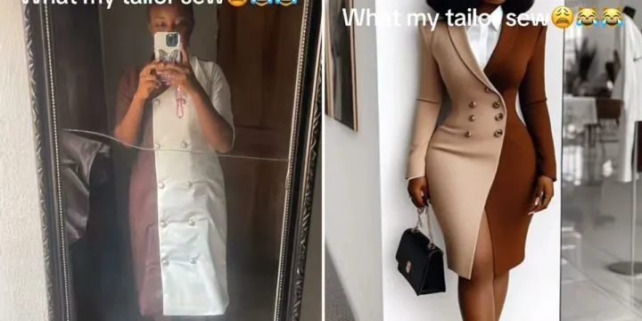 Lady laments as she shows off what she wanted vs what her tailor made
