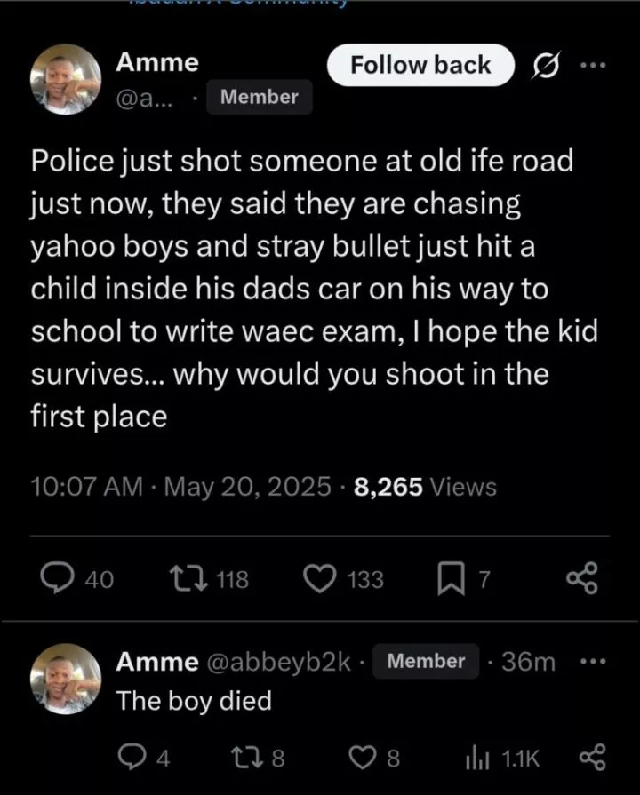 WAEC student allegedly passes away after police open fire while chasing yahoo boys