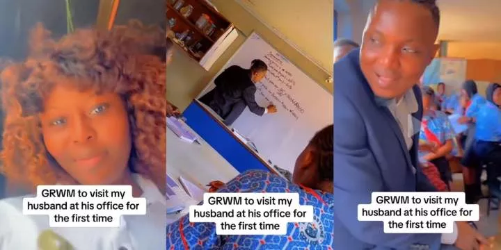 "So sweet" - Students shouts in excitement as beautiful wife visits husband at school, watch him teach mathematics