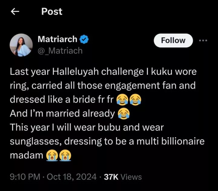 Lady celebrates marriage a year after praying in a wedding dress at Hallelujah Challenge