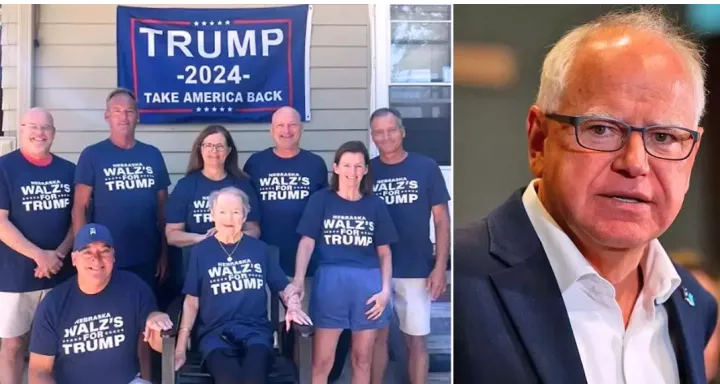 Family members of Kamala Harris VP pick Tim Walz pose in T-shirts declaring support for Trump