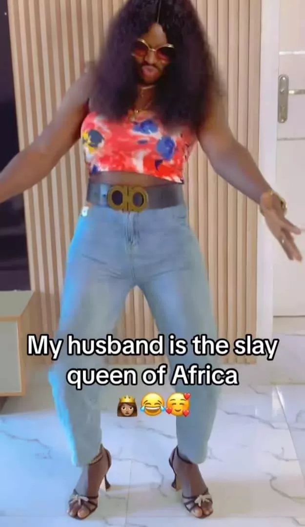 'Check your husband well o' - Reactions as lady shows off her husband dancing in her clothes